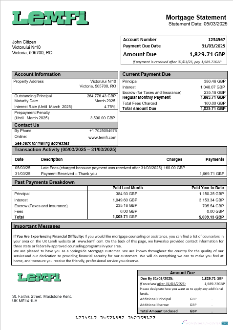 Download UK Lemfi mortgage statement in Word and PDF formats Photoshop template